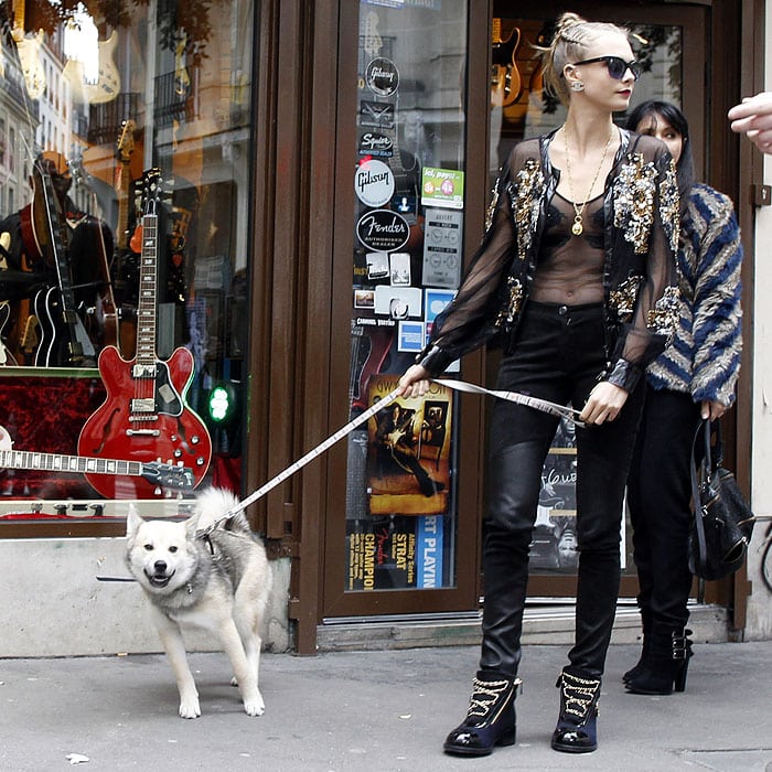 Cara Delevingne wears a see-through mesh top with cat-shaped chest appliqués and an embellished see-through jacket on a walk through Paris with her dog