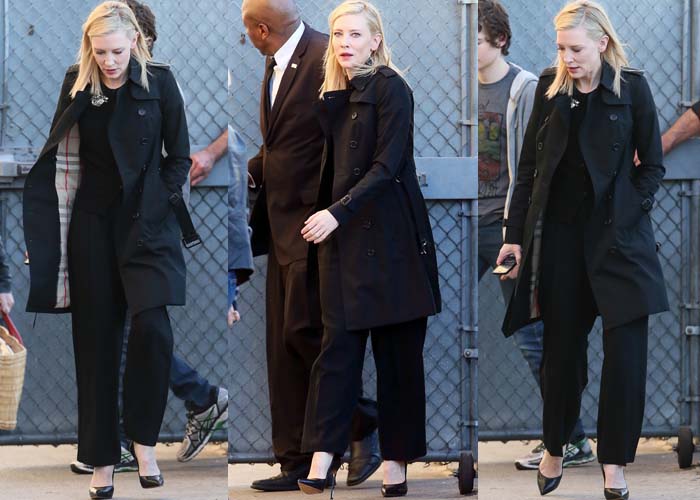 Cate Blanchett looked sleek in a black Dolce Gabbana jumpsuit layered under a Burberry trench coat
