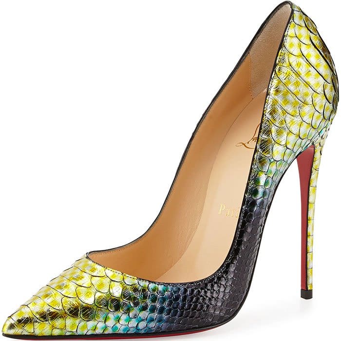 Yellow-to-black ombré python Christian Louboutin “So Kate” pumps, blending high-contrast reptile scales with a dramatic gradient finish, sculpted pointed toes, and a towering stiletto set on the house’s unmistakable red sole