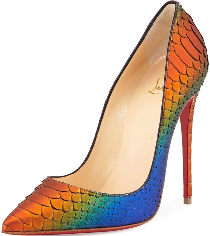 Multicolored python Christian Louboutin “So Kate” pumps in a vivid rainbow gradient, featuring scale-textured leather, sharply pointed toes, and a sky-high stiletto balanced by the signature red lacquer sole