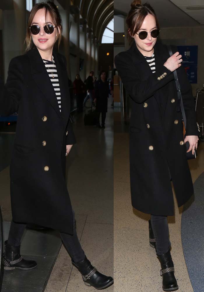 Dakota Johnson grounded her striped tee and Gucci bird-embroidered wool overcoat with studded Steve Madden “Fraankie” ankle boots, finished with a Michael Kors Tenby leather crossbody bag and Garrett Leight Wilson sunglasses for a polished off-duty look