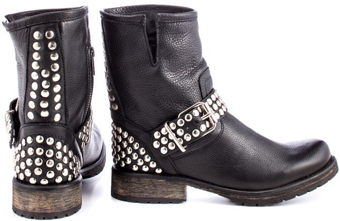 Steve Madden’s “Fraankie” black studded ankle boots combine rugged leather, polished hardware, and a low stacked heel for an effortlessly edgy, everyday silhouette