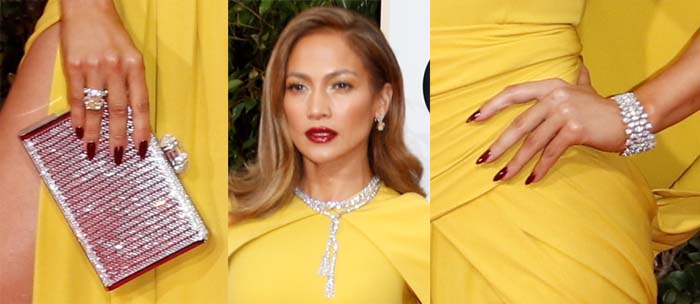 A closer look at Jennifer Lopez’s accessories highlights her Judith Leiber Couture crystal clutch, Harry Winston diamonds, and deep burgundy manicure