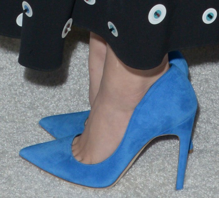 A closer look at Lucy Hale's Rupert Sanderson "Calice" pumps in Imperial Blue suede, featuring a sharply pointed toe, deep-cut vamp, and elegant 4.5-inch stiletto heel