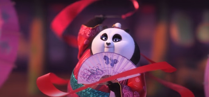 Mei Mei twirls gracefully in full ribbon-dancer form, wielding a painted fan as swirling red streamers bring her spirited performance to life in Kung Fu Panda 3