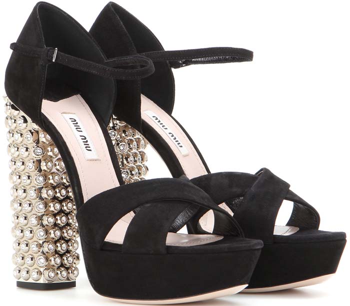 Miu Miu embellished suede platform sandals featuring a dramatic crystal-studded block heel, crossover front straps, and a secure ankle strap—equal parts statement glamour and architectural height