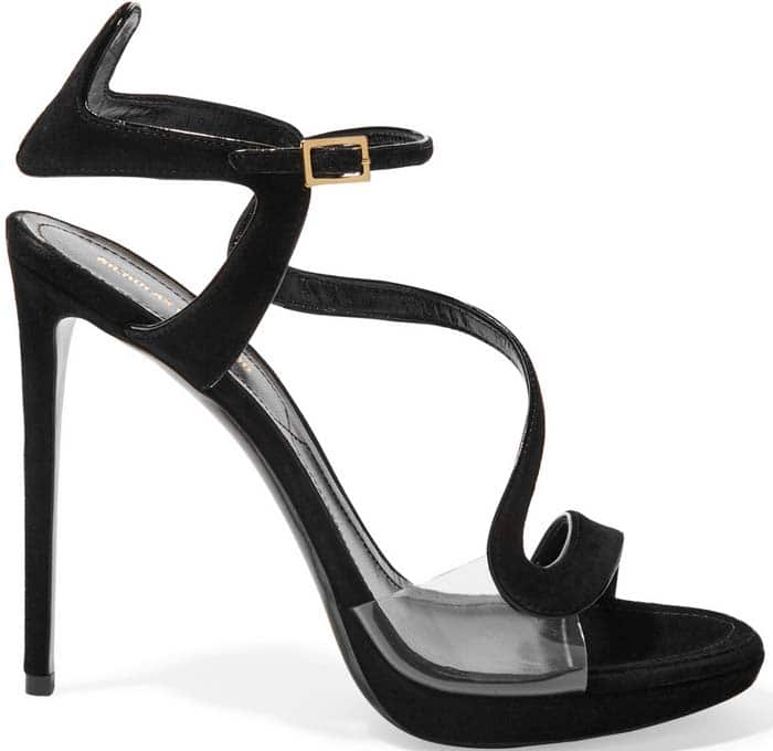 Nicholas Kirkwood suede-and-PVC sandals featuring a sculptural wave strap, transparent side panels, slim ankle buckle fastening, and a towering stiletto heel