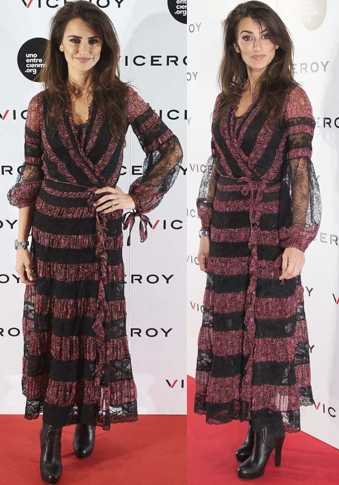 Penélope Cruz mixed sheer lace panels, floral textures, and chunky platform boots for a moodier take on photocall dressing in Madrid