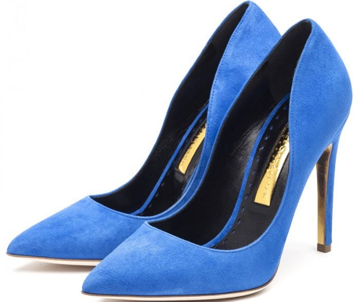 Rupert Sanderson "Calice" pumps in Imperial Blue suede feature a sharply pointed toe, deep-cut vamp, and elegant 4.5-inch (110 mm) stiletto heel, showcasing the brand's signature minimalist design