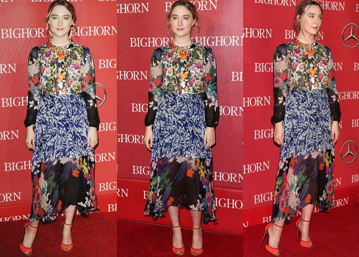 Saoirse Ronan brightens the red carpet in a bold Duro Olowu dress, paired with striking orange Pierre Hardy ankle-strap heels that add a modern pop of color
