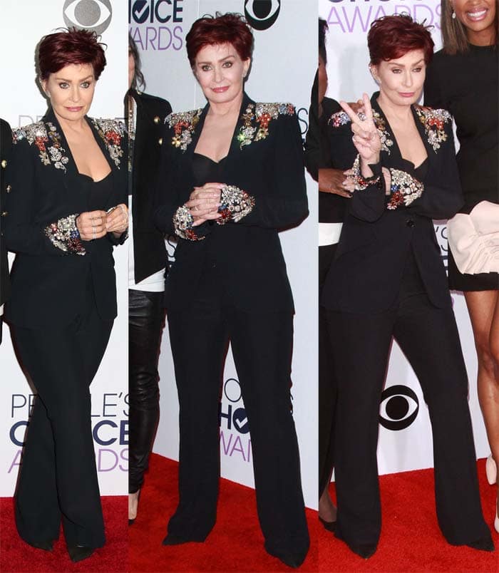 Sharon Osbourne wears an embellished Alexander McQueen pantsuit on the red carpet of the People's Choice Awards