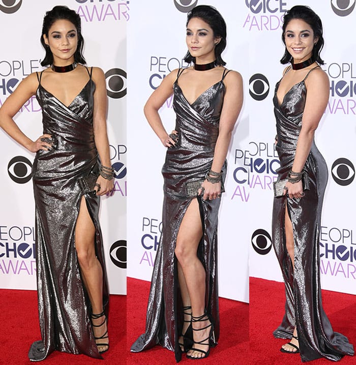 From front to profile, the gown combined a plunging neckline, sculpted draping, and leg-baring slit into a cohesive red-carpet statement
