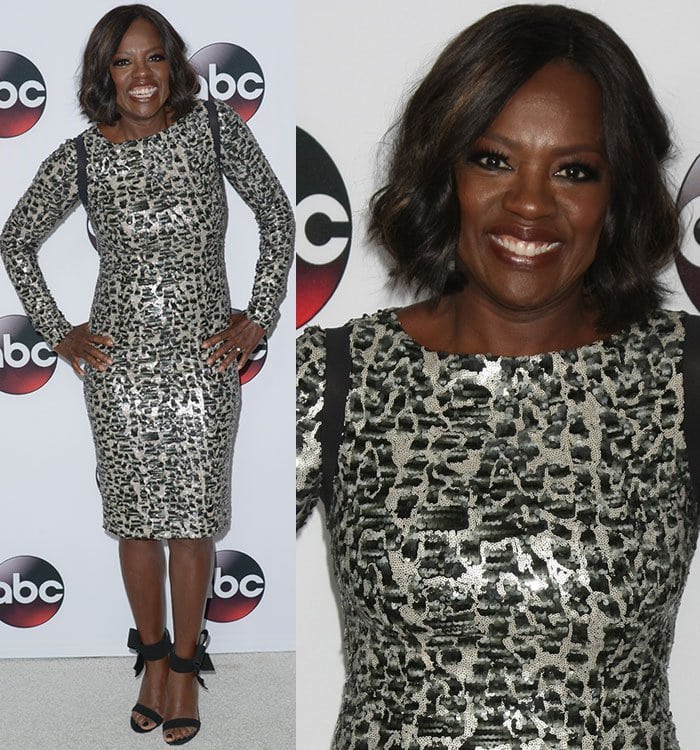 Viola Davis shimmered at the Disney/ABC 2016 TCA Winter Press Tour in a sequined, animal-print fitted dress, finishing the look with black Betsey Johnson ‘Friskyy’ ankle-strap sandals adorned with oversized bows