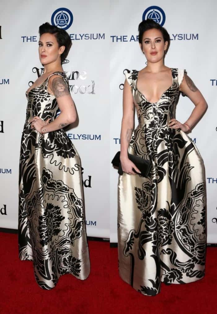 Rumer Willis wore a patterned satin Vivienne Westwood gown to the Gala, featuring a low V-neckline, cap sleeves, a corset-style lace-up bodice, and a flowing fabric that expands from the natural waistline and falls to the floor with a princess-like elegance
