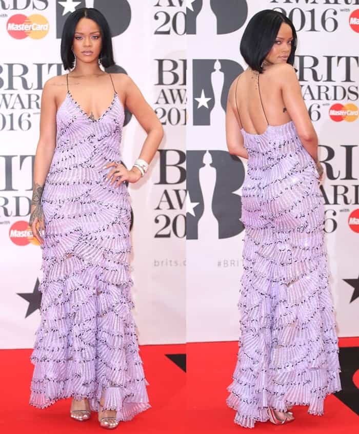 Rihanna turned heads at the 2016 Brit Awards in a lilac tiered Armani Privé gown, pairing the romantic ruffles with sparkling silver Giuseppe Zanotti sandals that peeked through the sheer hem and added extra glam