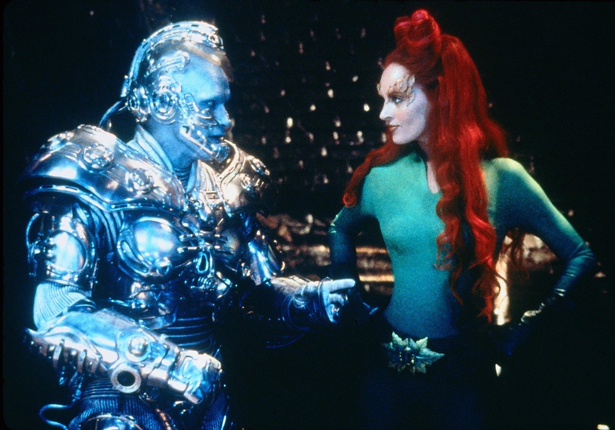 Uma Thurman as Poison Ivy confronts Arnold Schwarzenegger's Mr. Freeze in a scene from the 1997 film Batman Robin