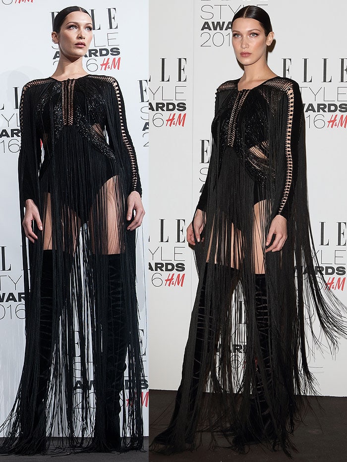 Two angles capture how the sweeping fringe and sleek silhouette of Bella’s Julien Macdonald bodysuit create dramatic movement on the red carpet