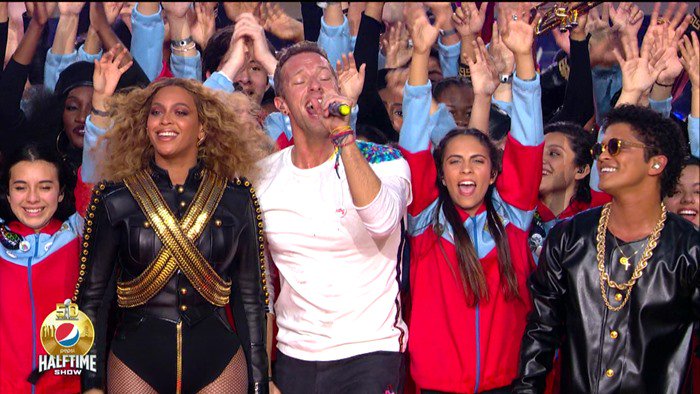 Beyoncé, Chris Martin, and Bruno Mars deliver a dynamic performance during the Super Bowl 50 Halftime Show at Levi's Stadium