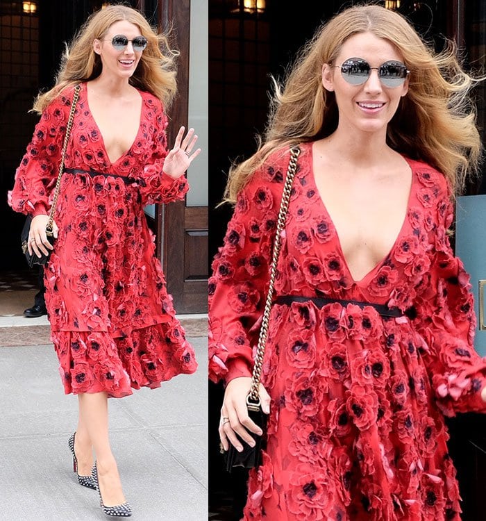 Blake Lively stuns in a red floral appliqué Michael Kors dress paired with edgy black-and-white spiked Christian Louboutin pumps while out in New York City