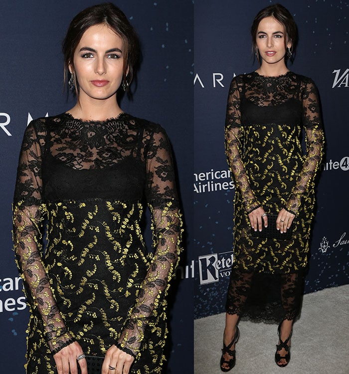 A closer look at Camilla Belle’s intricate lace overlay reveals gold-thread detailing layered over a sleek black base, styled with delicate drop earrings and a minimal clutch
