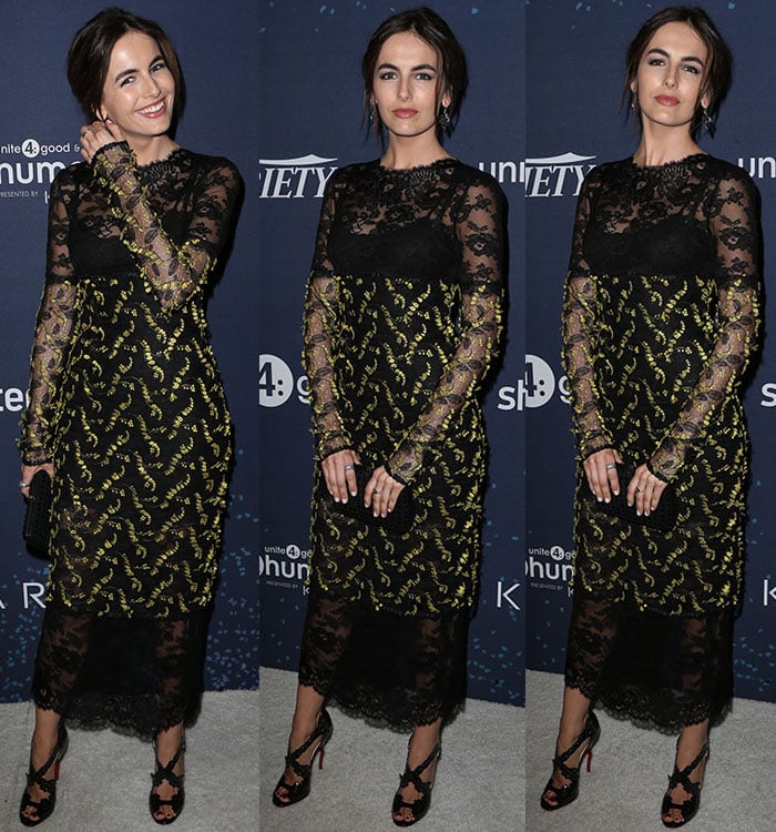 From poised to playful, Camilla Belle showcases the versatility of her lace-and-gold ensemble, with the laser-cut Louboutin heels subtly anchoring each red carpet pose