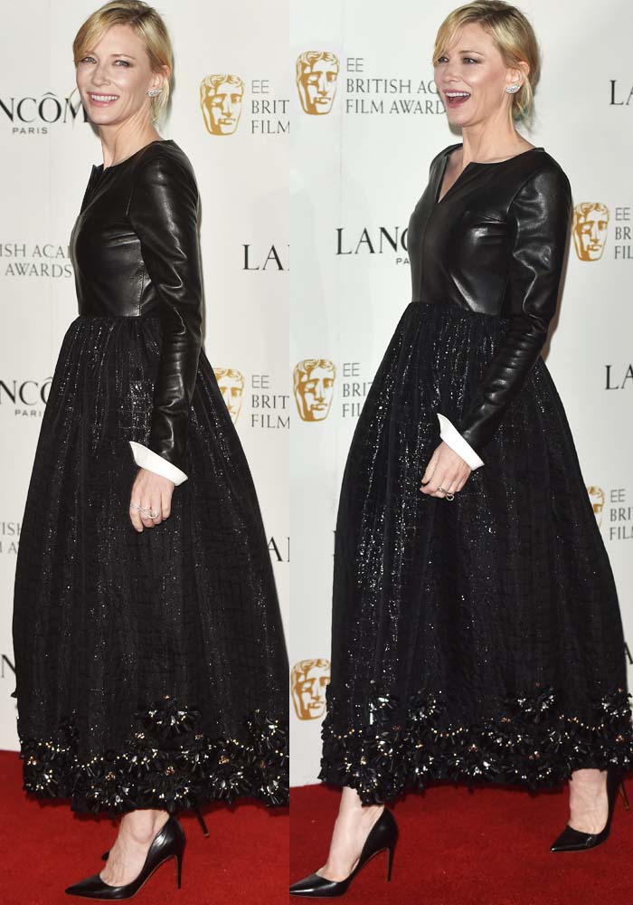 Cate Blanchett pairs her black leather-and-lace Chanel dress with sleek black Rupert Sanderson "Pinka" pumps at the 2016 Lancôme BAFTA Nominees Party, effortlessly blending edge with elegance