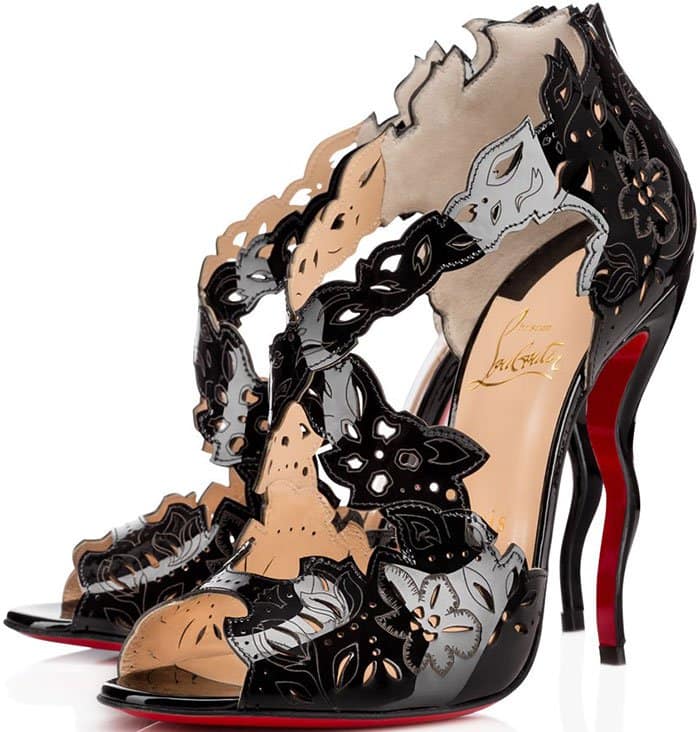 Christian Louboutin “Decoupadiva” laser-cut patent leather sandals with floral cutout detailing and sculpted 120mm heels, originally retailing for $1,195