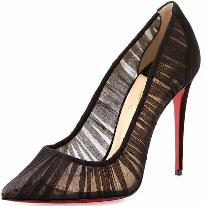 In black, the Follie Draperia’s sheer ruched chiffon creates a sultry, architectural silhouette balanced by a razor-sharp pointed toe and signature red lacquered sole