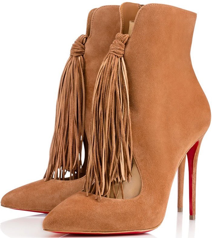 Christian Louboutin Fringed “Ottocarl” Suede Booties in noisette — crafted from rich suede with dramatic leather fringe and sleek red soles for a bold yet refined finish