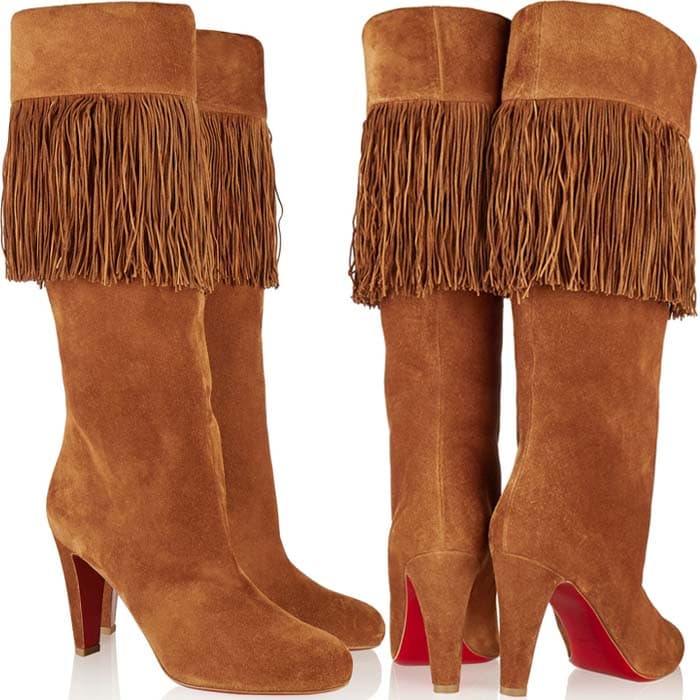 Christian Louboutin’s “Majung” knee-high boots combine supple tan suede, cascading fringe trim, and sculpted heels for a bold Western-inspired statement silhouette
