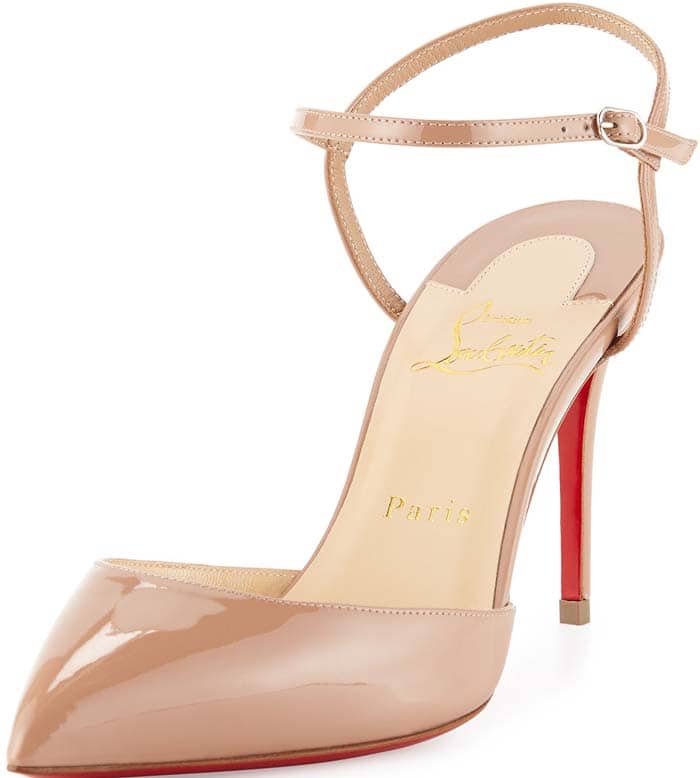 Rendered in glossy nude patent leather, the Rivierina highlights its elegant cutaway sides and slender stiletto for a timeless, leg-lengthening effect