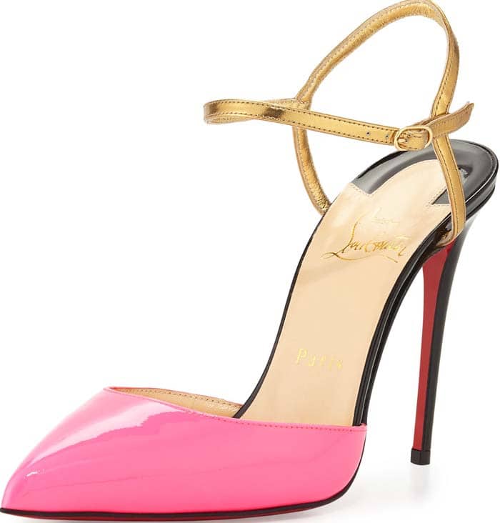 A bold pink patent toe is offset by a metallic gold ankle strap, showcasing the Rivierina’s ability to balance playful color with refined craftsmanship