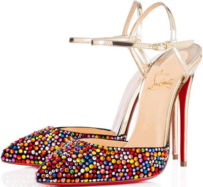 The Christian Louboutin Rivierina dazzles in a multicolored crystal-embellished finish, pairing a delicate ankle strap with a sharply pointed d’Orsay silhouette