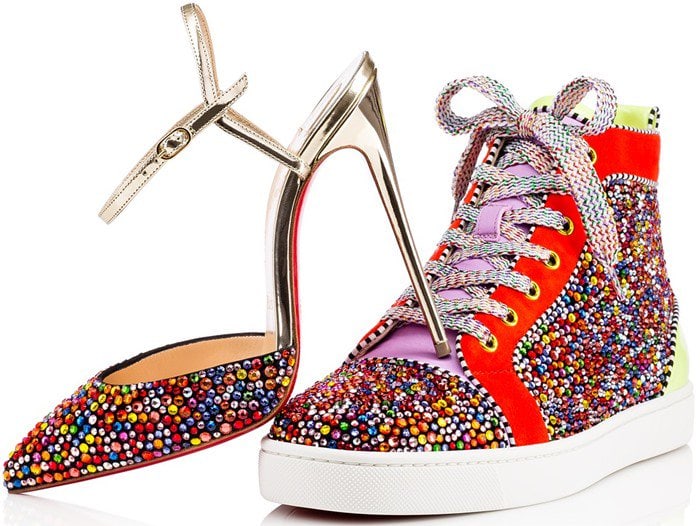 A sculptural contrast emerges as the jeweled Rivierina pump is juxtaposed with a matching crystal-covered high-top sneaker from Christian Louboutin