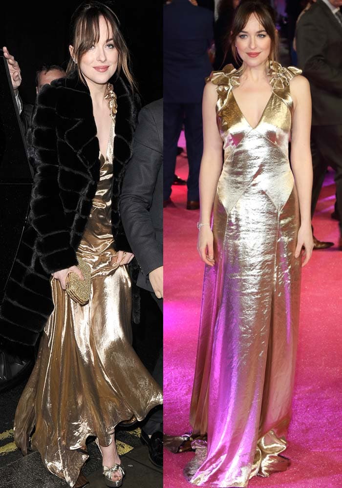 Dakota Johnson dazzles in a liquid-gold Marc Jacobs slip gown styled with a black fur coat and towering Charlotte Olympia “Vreeland” platform sandals while attending the How to Be Single premiere and the Vogue 100 exhibition opening in London