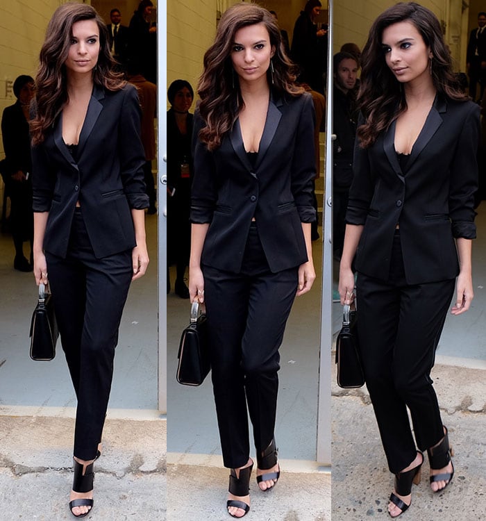 Emily Ratajkowski wears a cleavage-baring all-black suit out in New York City