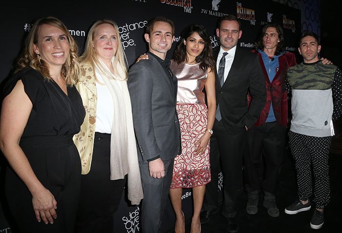 Senior Director and Global Brand Leader for JW Marriott Hotels Resorts Christy Donato, Global Marketing Officer for Marriott International Karin Timpone, actor Caine Sinclair, actress Freida Pinto, Vice President of Global Creative Content Marketing for Marriott International David Beebe, actor William Spencer, and director/writer Daniel Malakai Cabrera arrive at the world premiere of "Two Bellmen Two"