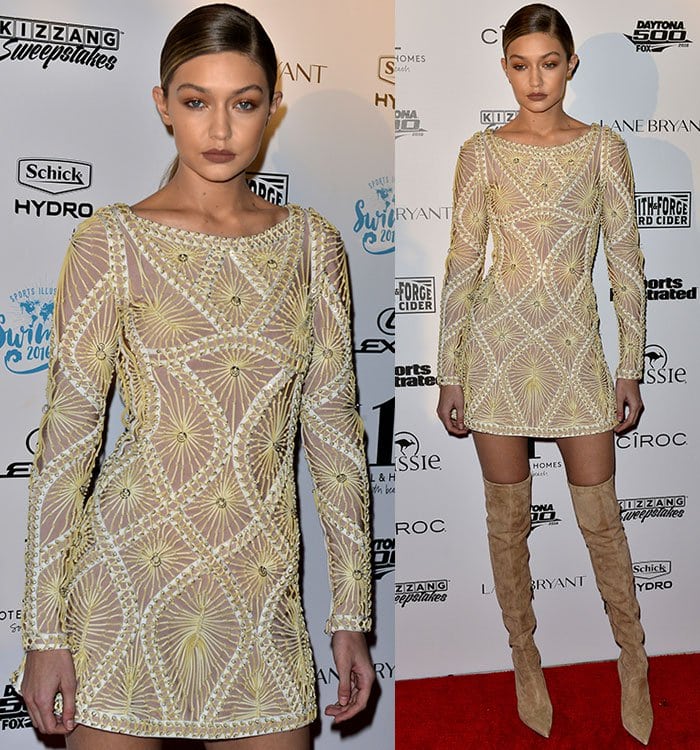 Gigi Hadid balanced intricate gold embroidery with sleek beauty styling, letting her neutral-toned Hervé Léger mini dress and thigh-high boots remain the focus of the look