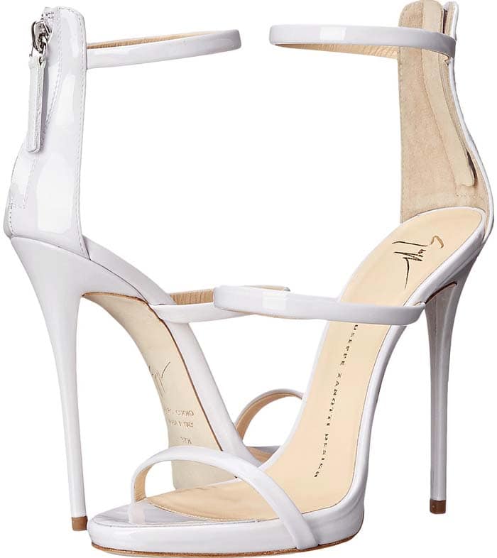 The white patent version of Giuseppe Zanotti's "Coline" sandal demonstrates how the sleek style adapted effortlessly to both bridal and red-carpet dressing