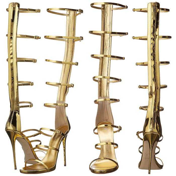 Giuseppe Zanotti’s gold knee-high gladiator sandals, priced at $1,295, are a striking mix of elegance and edge
