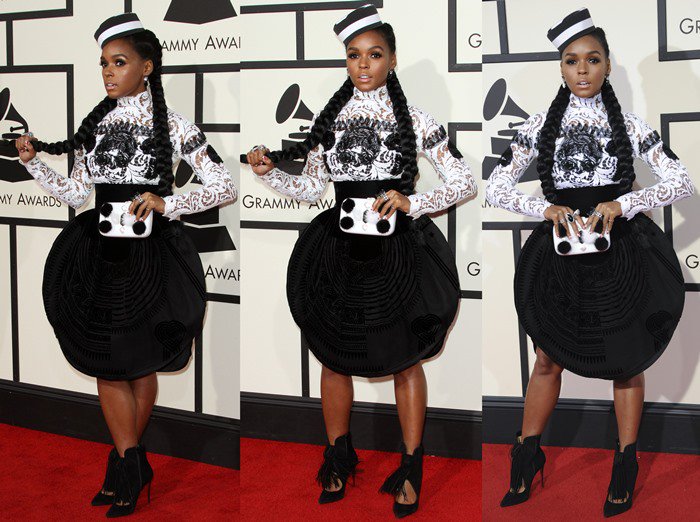 At the 2016 Grammy Awards, Janelle Monáe wore a sculptural black-and-white Jean Paul Gaultier Couture look featuring an embroidered top, high-waisted velvet skirt, and fringed Christian Louboutin “Ottocarl” ankle boots