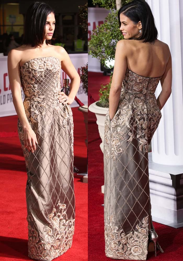 Jenna Dewan dazzled in a strapless Ralph Russo Couture gown adorned with intricate embroidery and metallic embellishments that shimmered under the premiere lights