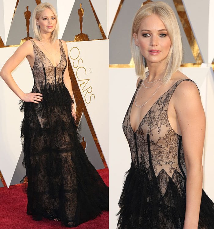 Jennifer accessorized with a Chopard necklace to draw further attention to her décolletage