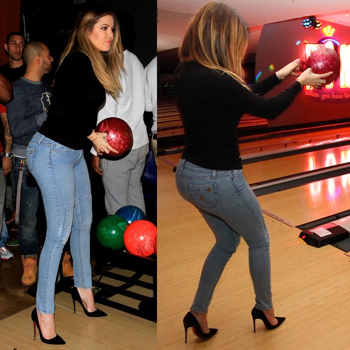 Khloé Kardashian goes bowling in Jet patched skinny jeans and Christian Louboutin So Kate pumps