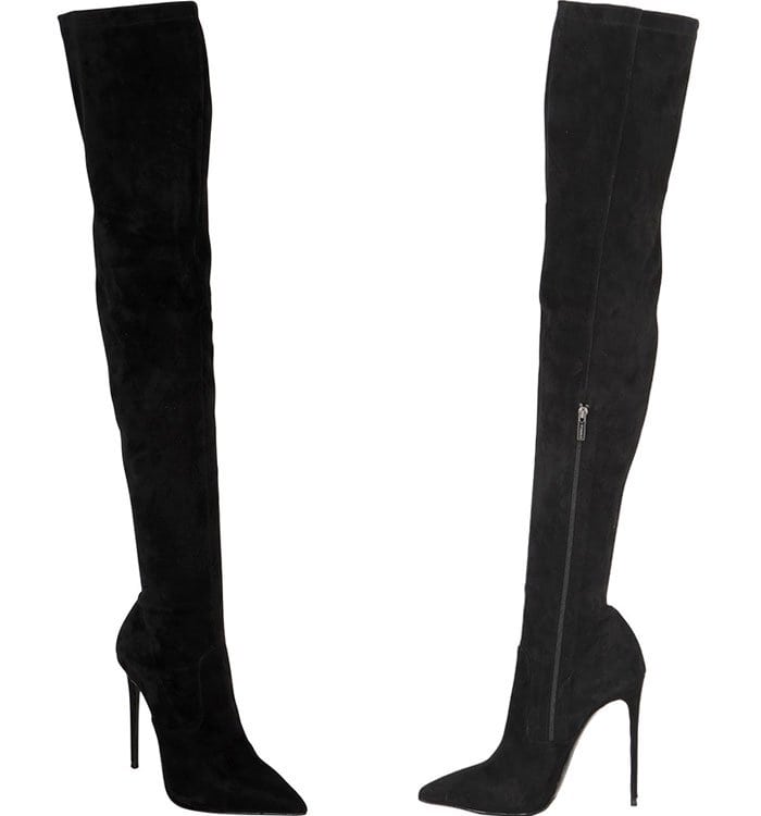 Rendered in black suede, the Le Silla thigh-high boots featured slim stiletto heels, streamlined side zippers, and a sleek over-the-knee fit that defined many mid-2010s evening looks