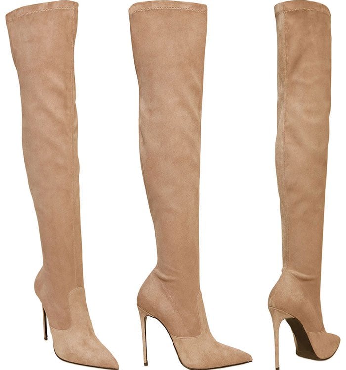 The beige Le Silla stretch suede over-the-knee boots combined a sharply pointed toe with a second-skin silhouette that echoed the neutral palette of Gigi Hadid’s embellished mini dress