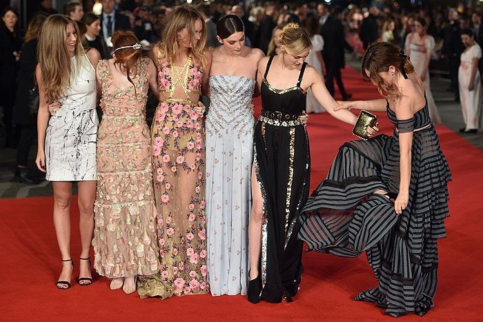 Pride and Prejudice and Zombies actresses Lily James, Bella Heathcote, Ellie Bamber, Suki Waterhouse, and Millie Brady