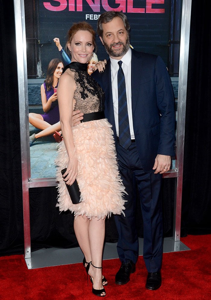 Leslie Mann attended the world premiere with husband Judd Apatow, complementing her Marchesa cocktail dress with black satin Christian Louboutin "Gardnera" sandals