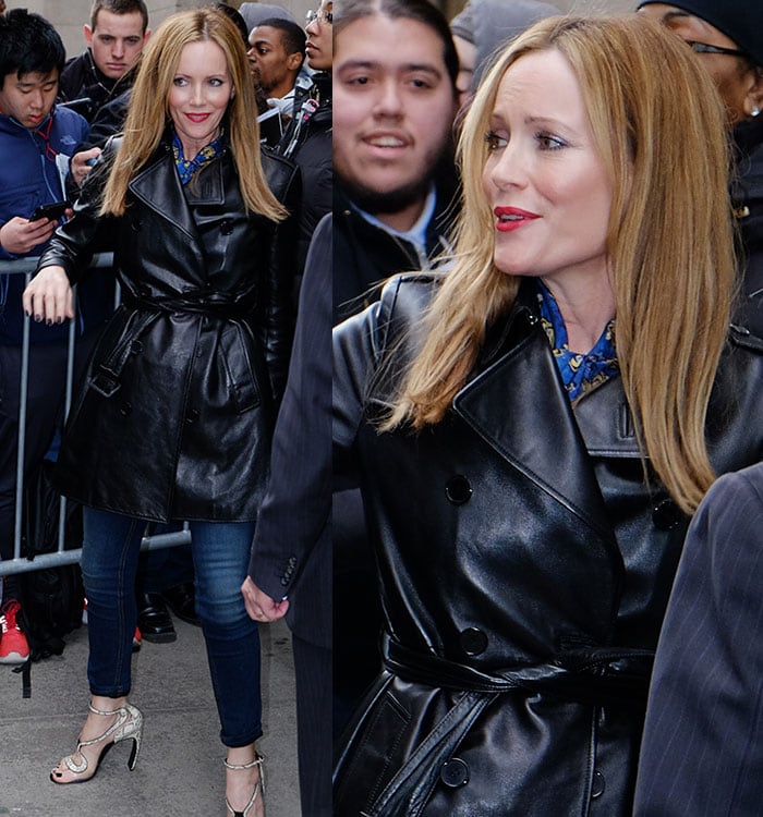 The glossy leather trench and patterned Philosophy di Alberta Ferretti blouse created a polished backdrop for Leslie Mann's understated daytime styling during the How to Be Single press tour in New York City