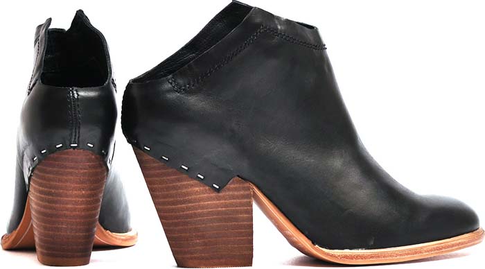 Midas “Armo” ankle boots in black leather with contrast stitching, a stacked block heel, and a curved back cutout detail